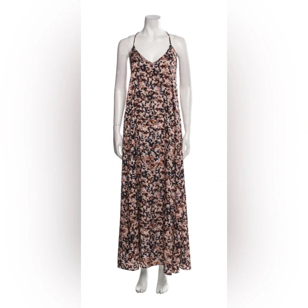 Nicole Miller Maxi Dress S Brown Abstract Animal Print Satin Racerback Shelf Bra